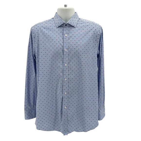 Psycho Bunny Modern Fit Stretch Non Iron Checker Blue White Red Shirt 16 34/35 - Picture 1 of 6